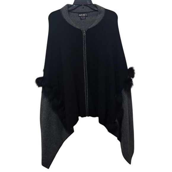 Mitchie's 100% Wool Zip-Up Closure Y2K Poncho Fur Detail One Size Black/Gray - Picture 1 of 11
